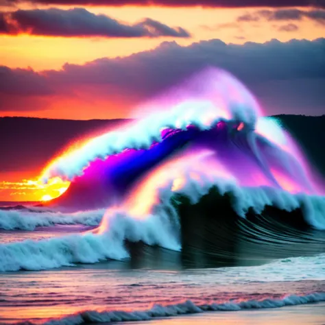 a close up of a wave with a rainbow colored wave in the background