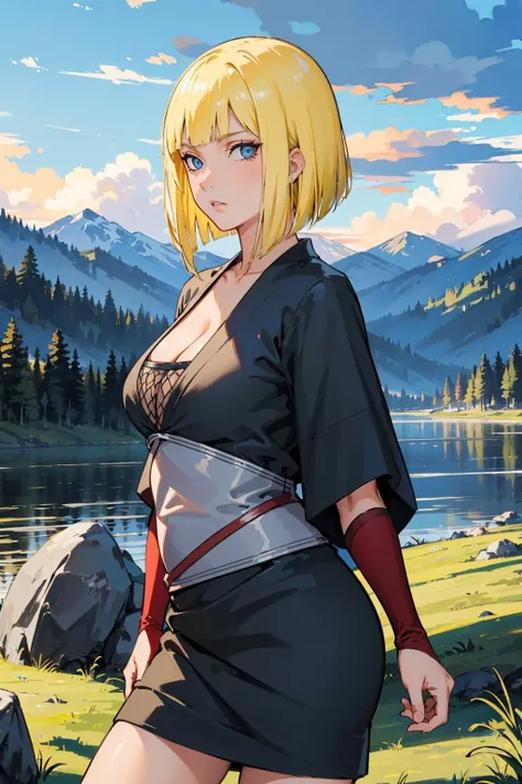 masterpiece, best quality, samui, black kimono, cleavage, vambraces, cowboy shot, looking at viewer, from side, emotionless, mountains, clouds, rock formations <lora:samui-nvwls-v1-000009:0.9>