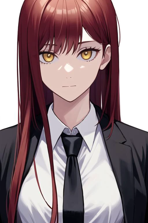 1girl, black jacket, black necktie, collared shirt, formal, jacket, long hair, looking at viewer, necktie, yellow eyes, red hair, red theme, ringed eyes, shirt, simple background, solo, suit, white background, white shirt, closed mouth, (masterpiece, excep...