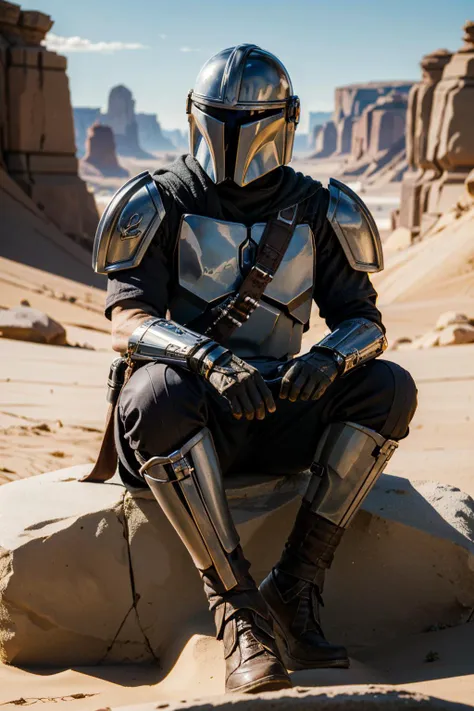 ((ultra detailed, masterpiece, absurdres))
 <lora:StarWMandalorian:0.9>
StarWMandalorian, 1boy, no face, helmet, gloves, armor, sitting, rocks, science fiction, planet, desert