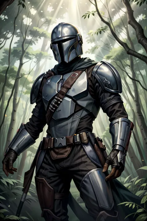 a drawing of a man in armor standing in the woods