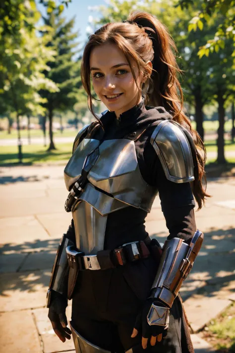 <lora:PB:.7>,green eyes, ginger hair, ponytail, girl, wearing StarWMandalorian armor, looking at viewer, smiling, standing, outside, park, trees, winter, blue sky, high quality, masterpiece, <lora:StarWMandalorian:.8>