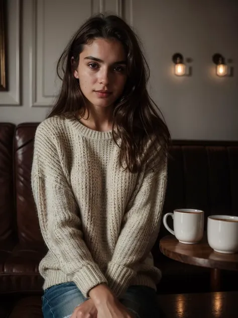 rawphotograph, 1girl, young woman, elegant, casual,  , wearing a cozy knitted sweater, sitting in a café, holding a steaming mug...