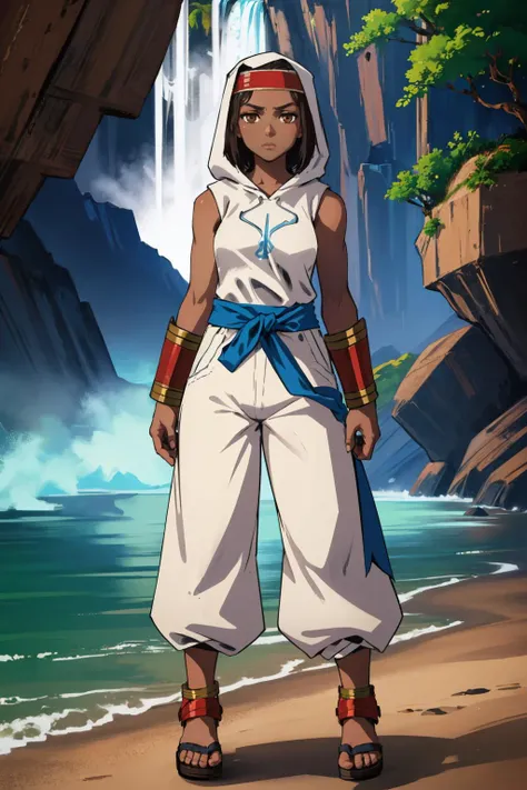 masterpiece, best quality,  <lora:FinalFantasy_Rapha:0.9> RaphaFFT, dark skin, dark-skinned female, brown eyes, headband, hood, white hoodie, sleeveless, bare shoulders, blue sash, white pants, puffy pants, sandals, bracer, desert, waterfall, cliffs, stand...