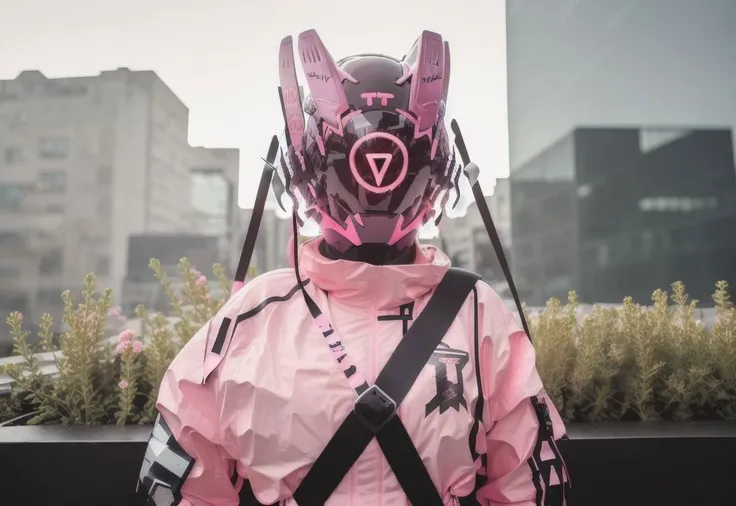 masterpiece, best quality, (a girl in a cyberhelmet with pink and black ears and a pink belt), wearing techwear, (flare), on a luxurious rooftop garden, night time <lora:cyberhelmetWearable_cyberhelmetv02 (1):0.9>