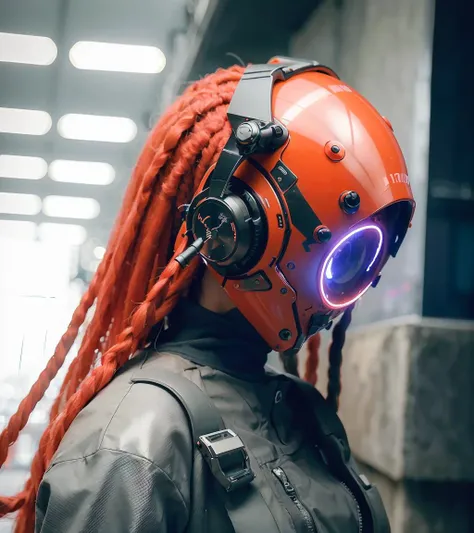 (original: 1.2), masterpiece, best quality, a close up of a futuristic looking cyborg girl with  a white cyberhelmet head with dreadlocks and red circle led and a metal design on it and a Holographic halo, wearing a orange techwear jacket, on the street <l...