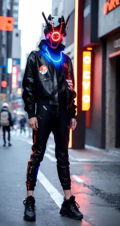 (original: 1.2), (far shot), (realistic: 1.3) (mixed Korean), masterpiece, best quality, fullbody, a cyborg, (in a cyberhelmet with a blue glowing ring on it), wearing black leather jacket and orange trousers with buckle and tape, (crystal necklace), posin...