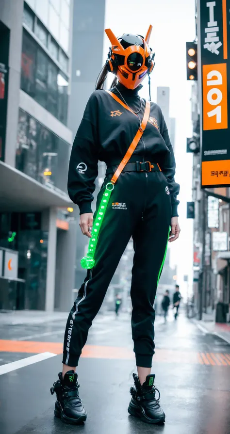 (original: 1.2), (far shot), (realistic: 1.3) (mixed Korean), masterpiece, best quality, fullbody, a cyborg girl, (in a cyberhelmet with a glowing green ring on it), wearing black techwear jacket and orange trousers with buckle and tape, (crystal necklace)...