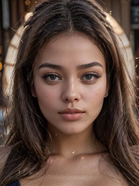 a close up of a woman with long hair and a blue top