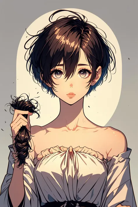 anime girl with a messy haircut holding a hair brush