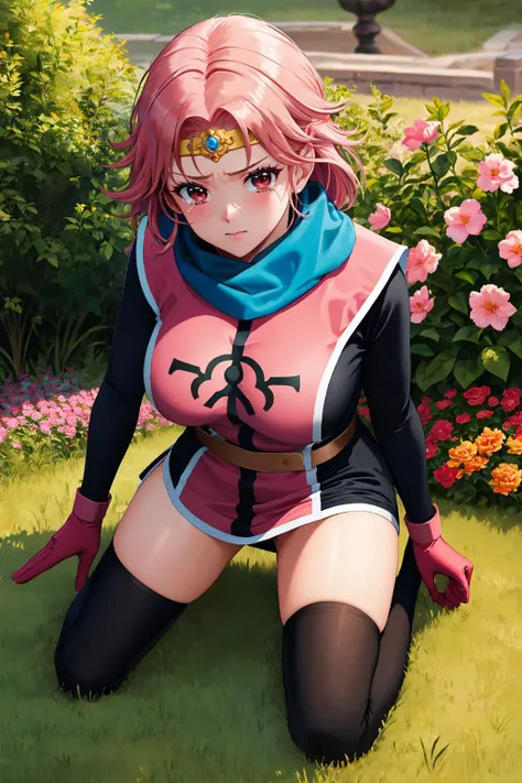 masterpiece, best quality,  <lora:dqmaam-nvwls-v1-000009:0.9> priMaam, medium hair, blue scarf, circlet, short dress, pink tabard, black sleeves, belt, gloves, boots, large breasts, tears in eyes, looking at viewer, on ground, garden