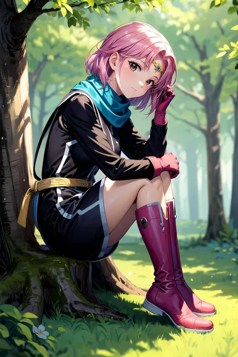 (masterpiece, best quality, detailed), 1girl, solo, looking at viewer, <lora:dqmaam-nvwls-v1:0.9>, priMaam, medium hair, circlet, blue scarf, short dress, pink tabard, black sleeves, belt, gloves, boots, outdoors, forest, nature, tree, sitting, from side, ...