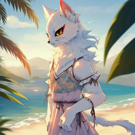 anime cat in a dress on the beach with palm trees