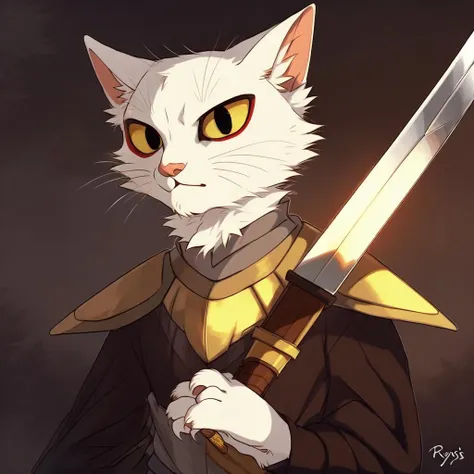 there is a white cat with yellow eyes holding a sword