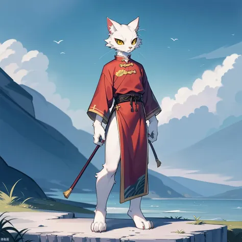 anime character of a cat dressed in a red outfit standing on a rock