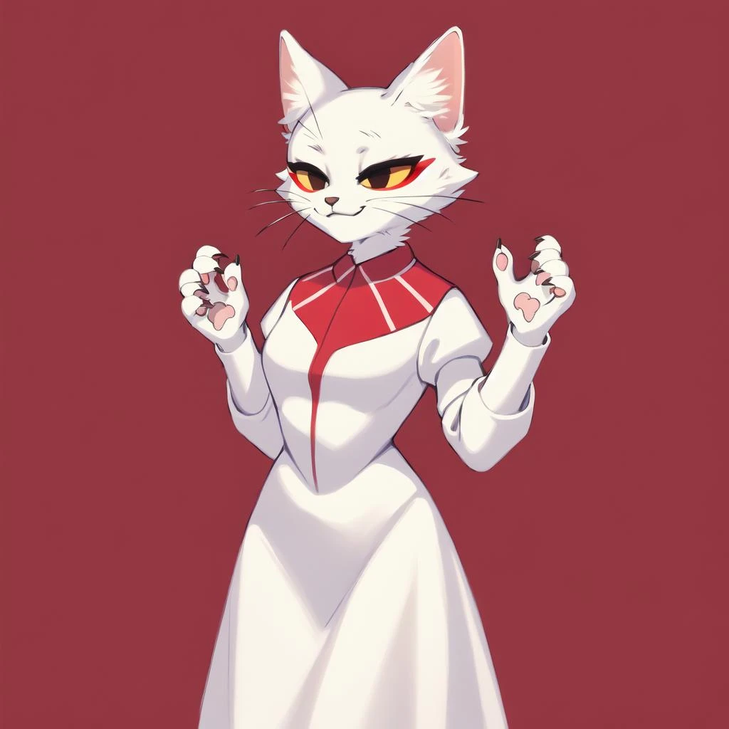 anime character of a white cat with red eyes and a white dress