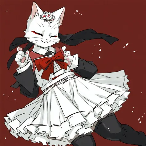 anime cat dressed in a white dress and a red bow