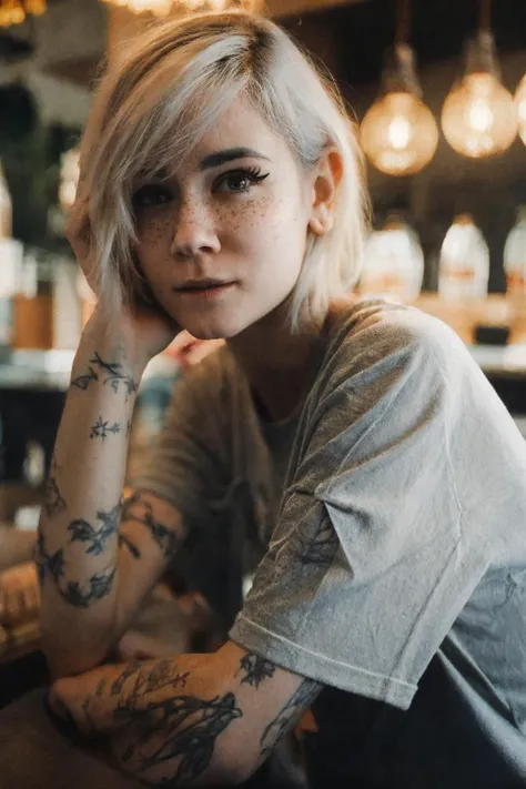 <lora:zayuri:1> Zayuri posing in a cafe, platinum blonde hair, freckles, tattoos, white t-shirt, hyperrealistic, cinematic lighting, sharp focus, shallow depth of field