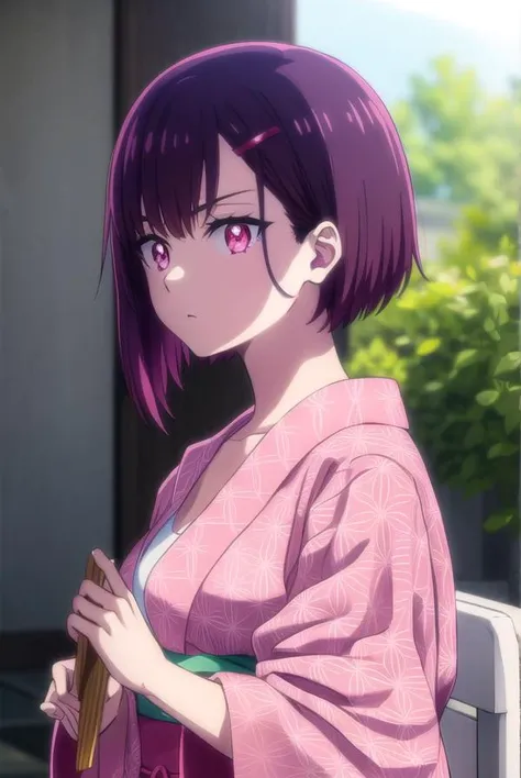 shizukamikazuki, <lora:shizuka mikazuki s1-lora-nochekaiser:1>,
shizuka mikazuki, short hair, purple hair, hair ornament, hairclip, (pink eyes:1.5), swept bangs,
BREAK collarbone, japanese clothes, kimono, sash, obi, towel, hand fan, yukata, holding fan, p...