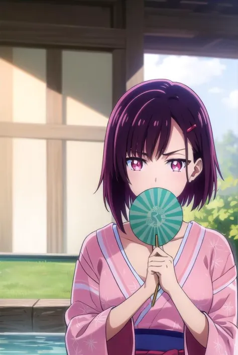 shizukamikazuki, <lora:shizuka mikazuki s1-lora-nochekaiser:1>,
shizuka mikazuki, short hair, purple hair, hair ornament, hairclip, (pink eyes:1.5), swept bangs,
BREAK collarbone, japanese clothes, kimono, sash, obi, towel, hand fan, yukata, holding fan, p...