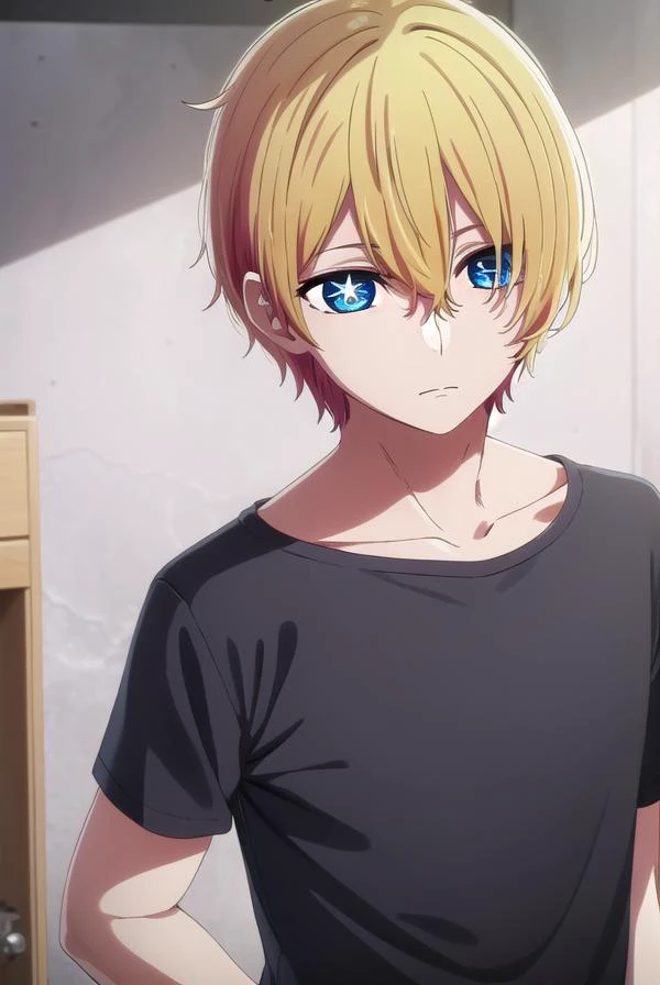 aquamarinehoshino, <lora:aquamarine hoshino s1-lora-nochekaiser:1>,
aquamarine hoshino, blue eyes, blonde hair, hair between eyes, (symbol-shaped pupils:1.5), 1boy, male focus,
BREAK collarbone, short sleeves, pants, black pants, blue shirt, t-shirt, cloth...