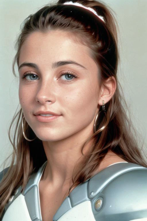 a close up of a woman with a silver dress and a white shirt