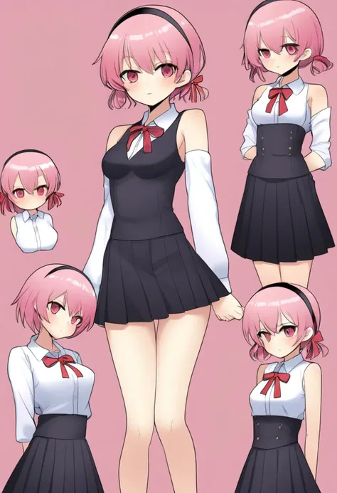 Yuno Gasai. Long, pink hair tied with a black hairband, intense, pink eyes with a yandere gleam, slender, attractive figure with a dangerous aura, often seen in her school uniform, consisting of a white blouse, a red ribbon tie, and a pleated black skirt, ...