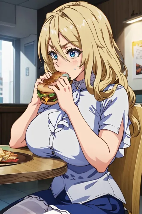 a woman sitting at a table eating a sandwich with a plate of food