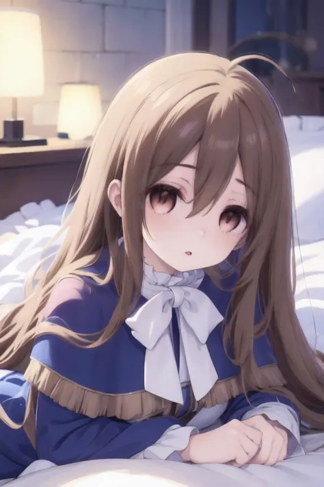 anime girl laying on bed with long hair and blue dress