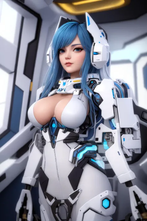 masterpiece, best quality,a woman with blue hair wearing white futuristic outfit, white implant on her hair,  futuristic white space ship interior background