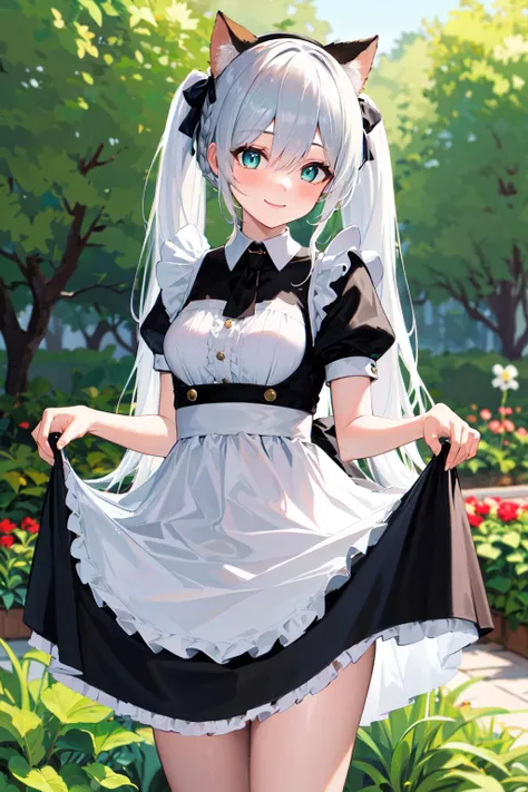 masterpiece, best quality, highres, 1girl, solo, long hair, white hair, twintails, fake animal ears, blue eyes, <lora:janus_v1:0.7>, maid, maid headdress, garden, skirt hold, smile, standing