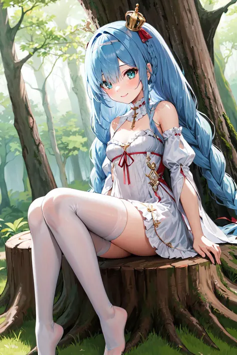 masterpiece, best quality, highres, 1girl, solo, very long hair, blue hair, twin braids, hair ribbon, white hairband, white ribbon, mini crown, blue eyes, bare shoulders, frilled dress, white dress, detached sleeves, white thighhighs, <lora:janus_v1:0.7>, ...