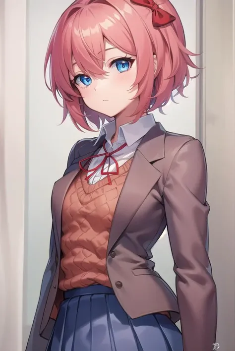 ddlcsayori, <lora:ddlcsayoritest:1>,
ddlcsayori, blue eyes, hair between eyes, hair bow, hair ornament, pink hair, red bow, short hair, (small breast:1.2),
BREAK blue skirt, pleated skirt, school uniform, skirt, brown jacket, jacket,
BREAK looking at viewe...