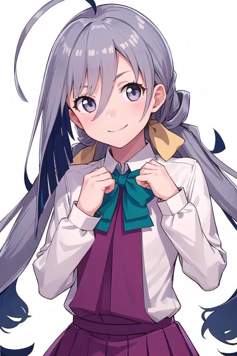 masterpiece, best quality,
1girl, solo,
(white background:1.4), looking at viewer,
smile, upper_body, 
<lora:kancolle_kiyoshimo-10:1>kiyoshimo, low twintails, ahoge, flat_chest,
school uniform, white shirt, bowtie, long sleeves, grey pantyhose <lora:konish...