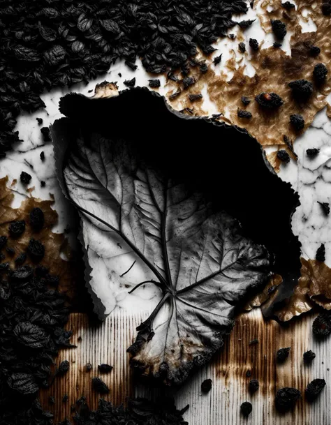 a close up of a leaf on a table with a lot of black and white stuff