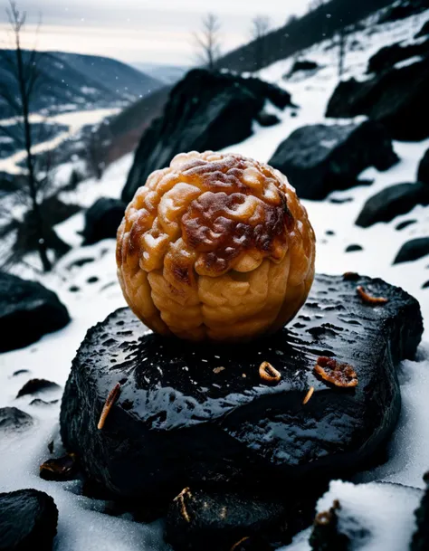 there is a pastry on a rock in the snow