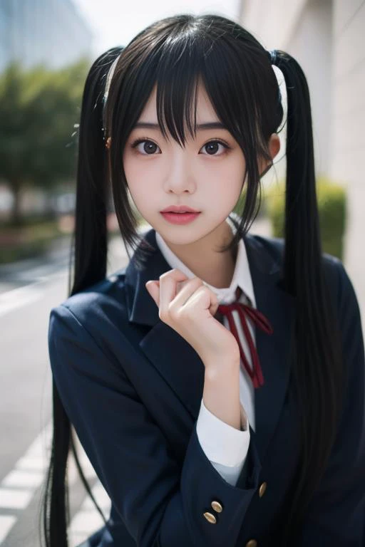 ltra-detailed,highly detailed,best quality,masterpiece,illustration,realistic,photorealistic,
nakano azusa, sakuragaoka high school uniform,
1girl, solo, cosplay,
very long hair, bangs, low twintails,
looking at viewer, upper body,
<lora:nakano azusa_v1_06...