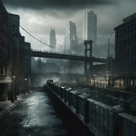 Dark Fantasy Art of  <lora:Cinematic Hollywood Film:1.5>
Epic Creative Scene a city street with a bridge over it Cinematic Hollywood Film Style, dark, moody, dark fantasy style