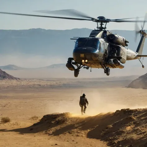 UHD, 4k, ultra detailed, cinematic, a photograph of  <lora:Cinematic Hollywood Film:1.5>
Epic Creative Scene a helicopter flying over a desert area with a person in the cockpit Cinematic Hollywood Film Style, epic, beautiful lighting, inpsiring