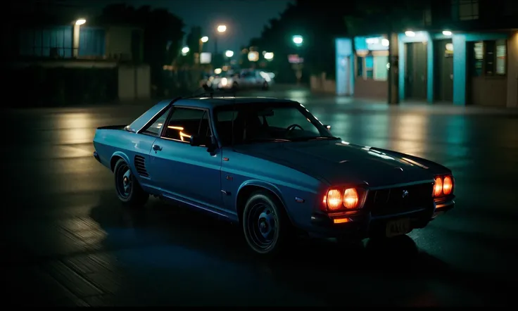 refnstyle, a car high angle shot,in a street,blue tint,dimly lit,dark,at night,dramatic,vibrant,film grain,bokeh