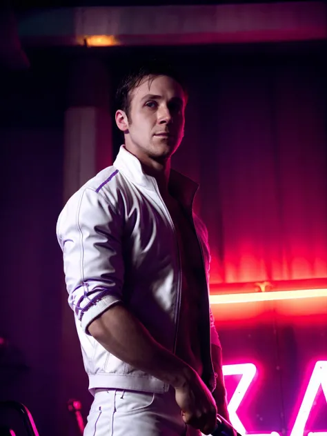 refnstyle, a driv3man holding an hammer, upper body shot,white jacket,purple tint,dimly lit,standing in a club,at night,dramatic,vibrant,neon lights