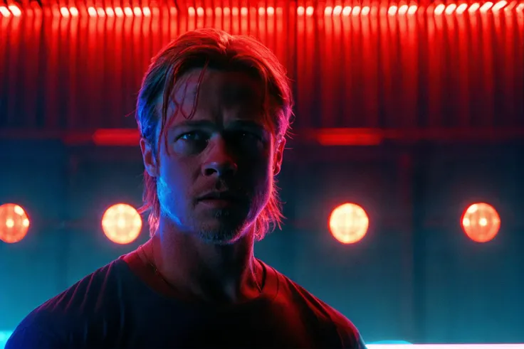 refnstyle,brad pitt,close-up,blue tint and red tint,at night,dimly lit,dramatic,vibrant,film grain