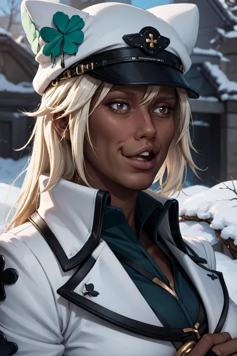 a close up of a woman in a uniform with a hat on