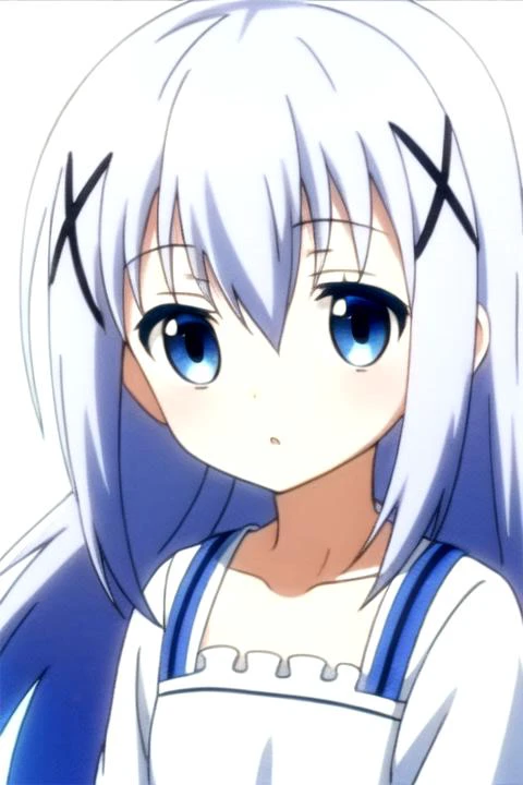 anime girl with blue eyes and white hair in a white dress