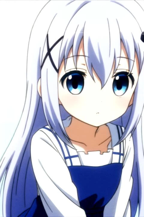 anime girl with long white hair and blue eyes in a blue dress