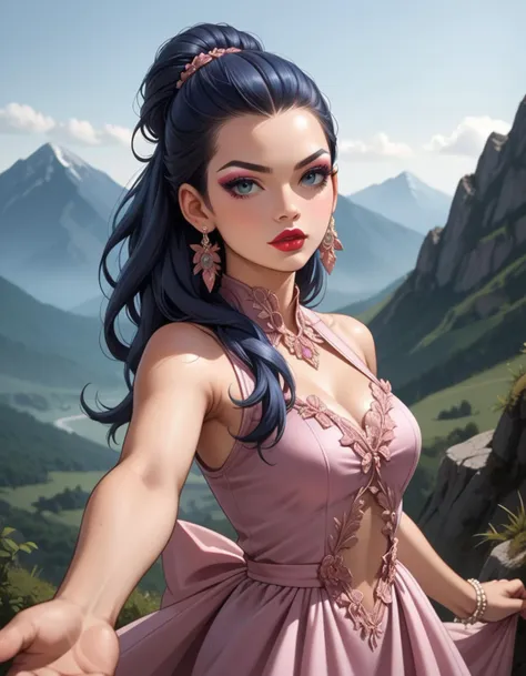 a woman in a pink dress standing on a mountain top