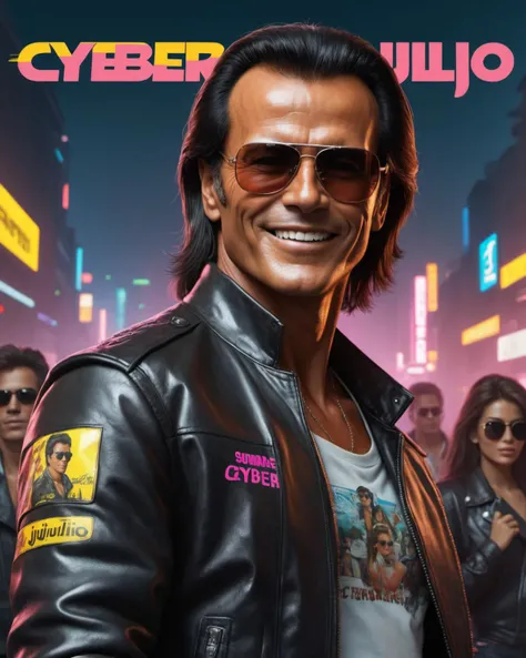 (masterpiece), , (extremely detailed),  (cinematic lighting),(realistic skin texture), (hyperrealistic), (photography),
 [Cyberpunk 2077: CyberJulio:0.5] game cover with the (text "CyberJulio":2)
Julio Iglesias 1990s style, wearing sunglases and smiling, l...