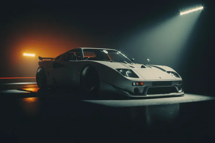 a white sports car in a dark room with a light on