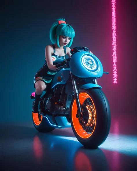 (masterpiece), , (extremely detailed),  (cinematic lighting),(silicone skin texture), (hyperrealistic), (photography),
21 years old Bulma,very long hair with bang,  cyberpunk capsule corp outfit, Capsule Corp ridding a motorbike, neon rims, tron style, jap...