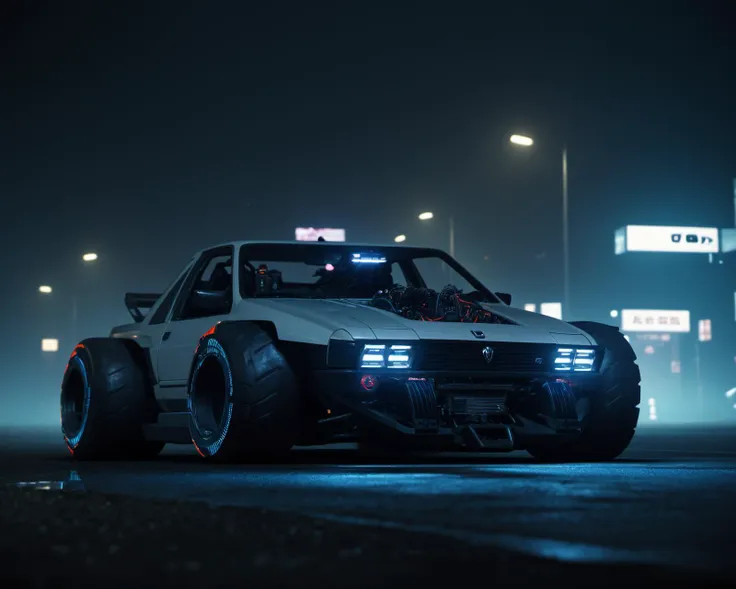 (intrincated details:1.8), (photorealistic), (masterpiece), (photography),  cinematic lighting, 
cyberpunk ambient, car, ground vehicle, motor vehicle, no humans, scenery, solo, vehicle focus, night time, wide tyres, autonomous vehicle
 <lora:Drone_Cars_XL...